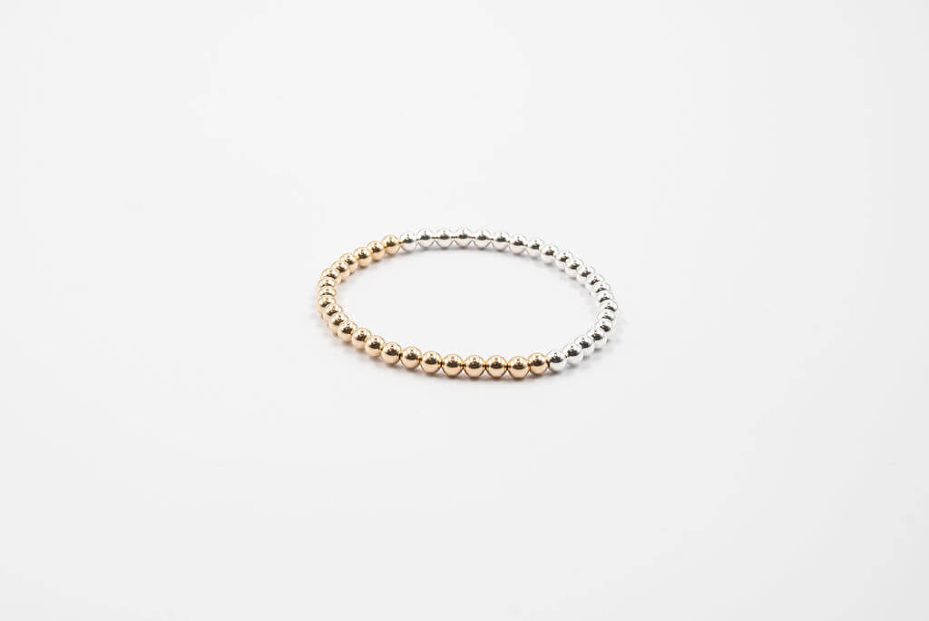 Two Tone 14k Gold Filled and Sterling Silver Bead Bracelet (4mm)