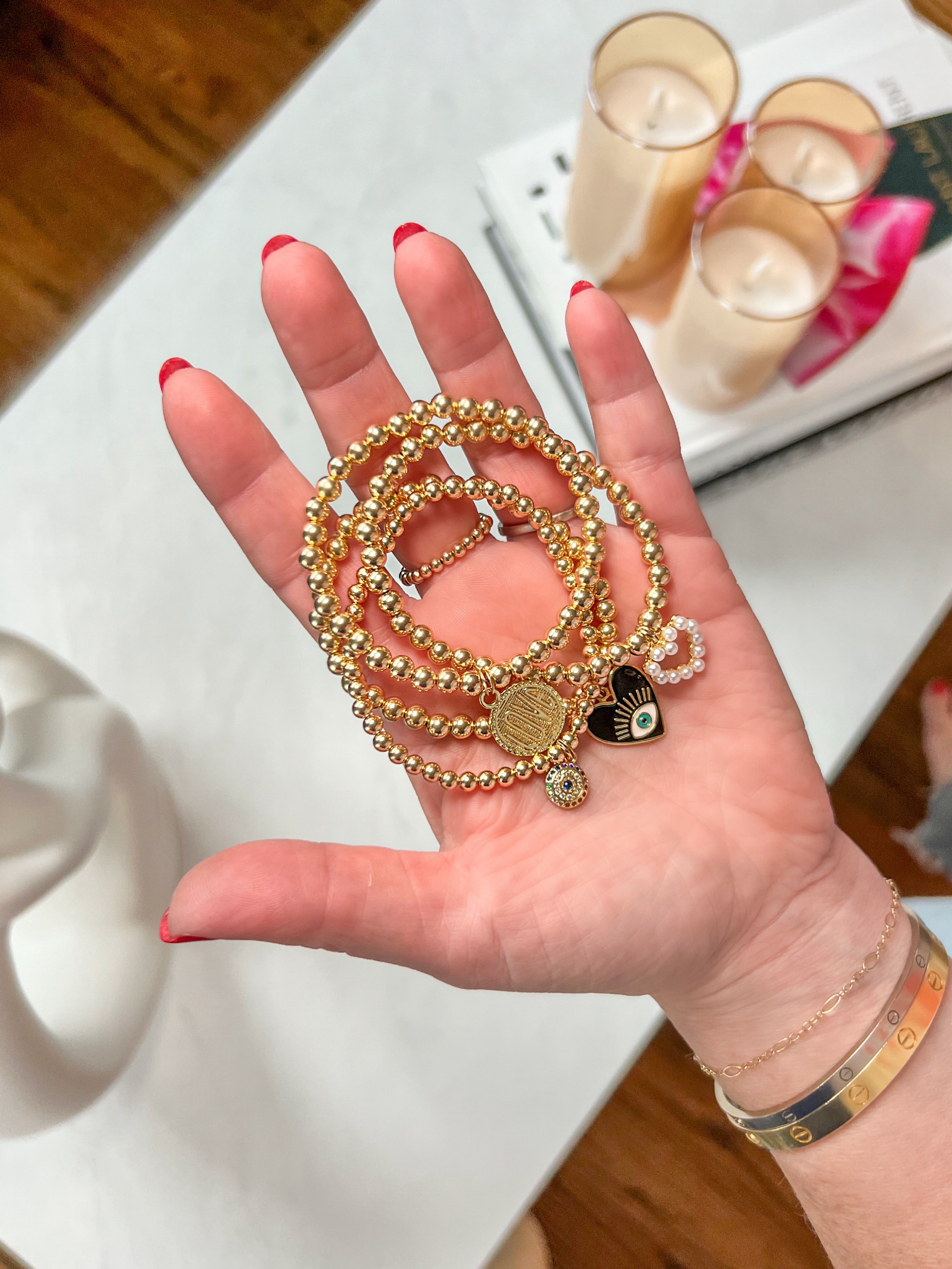14k Gold Filled Bracelet with Heart/Evil Eye Charm (5mm)