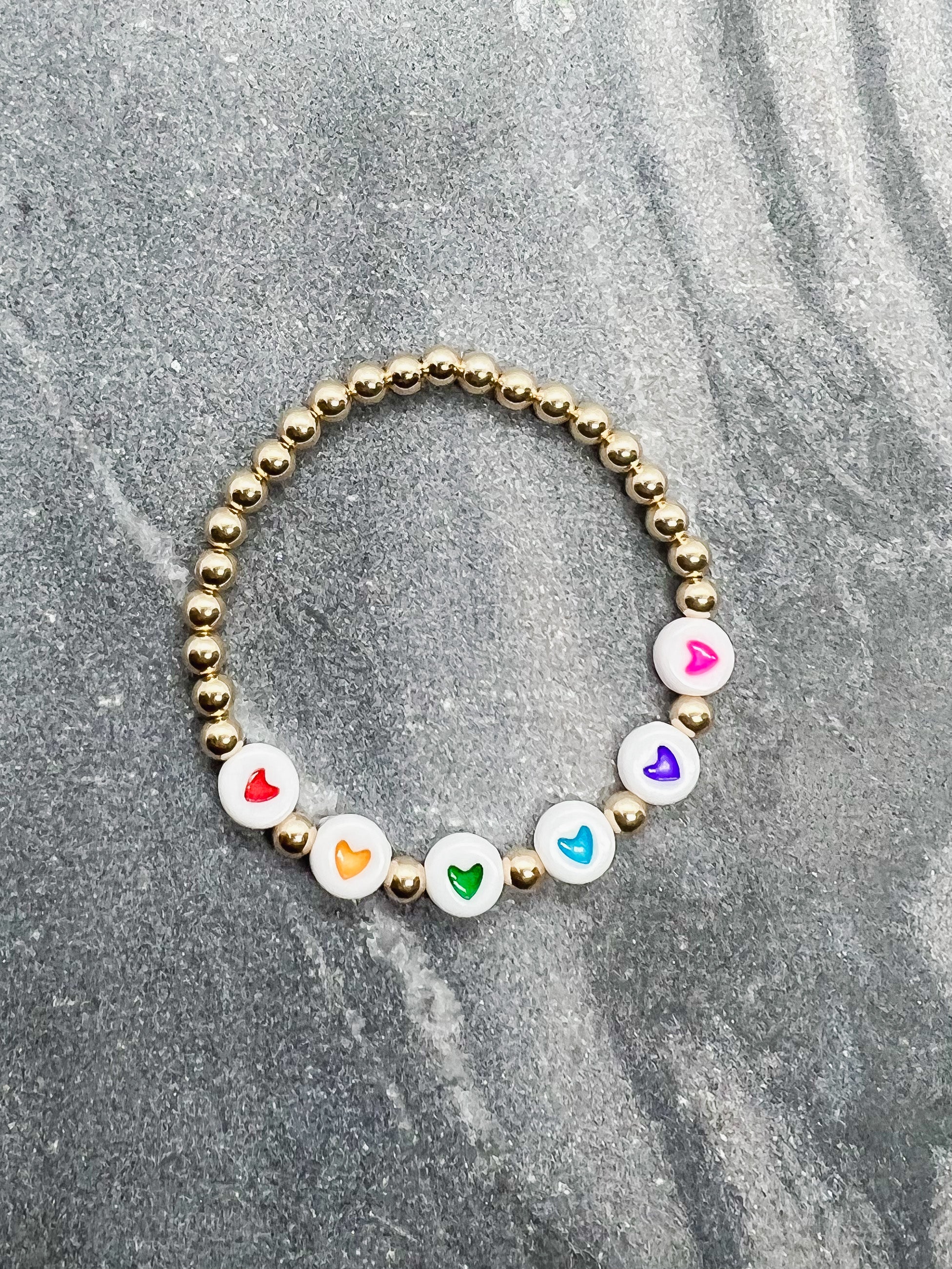 Kids 14K Gold Filled Bracelet with Rainbow Heart Beads (4mm)